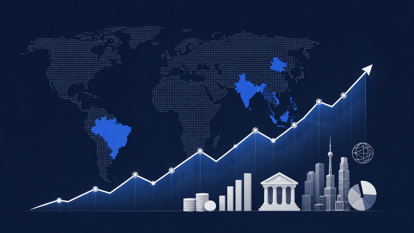 Ilustración de mapa mundial con mercados emergentes destacados y gráfico de inversión en ETF IS3N