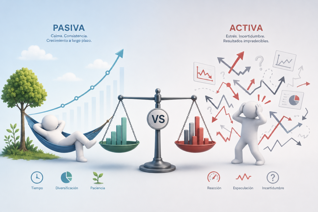 Ilustración comparativa entre inversión pasiva e inversión activa a largo plazo