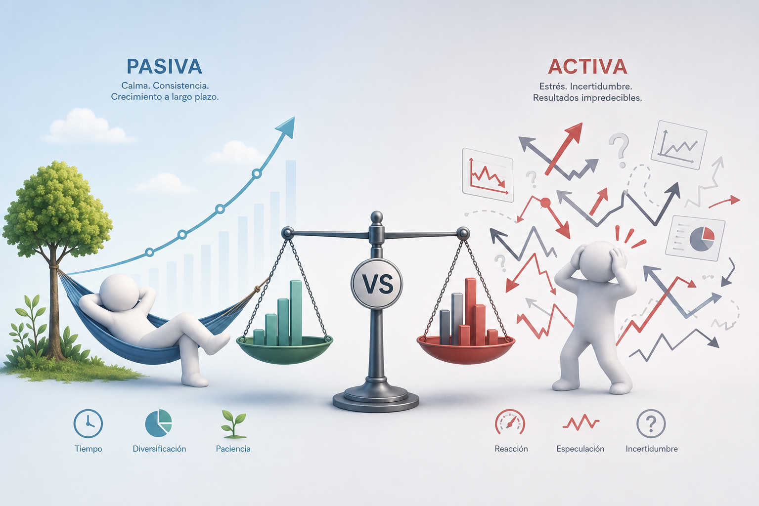 Ilustración comparativa entre inversión pasiva e inversión activa a largo plazo