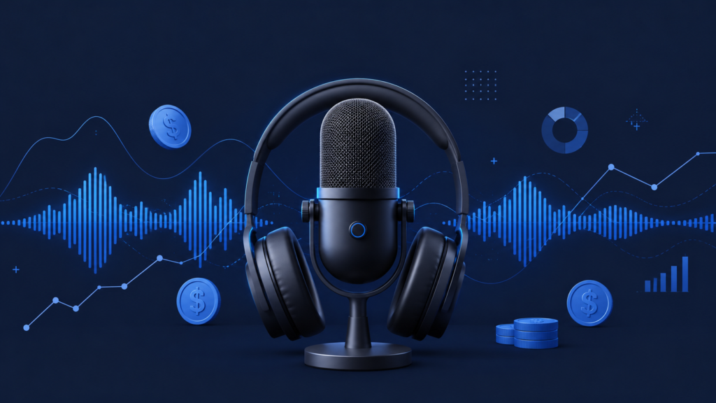 Ilustración de auriculares de podcast rodeados de elementos financieros minimalistas representando los mejores podcasts de finanzas en español