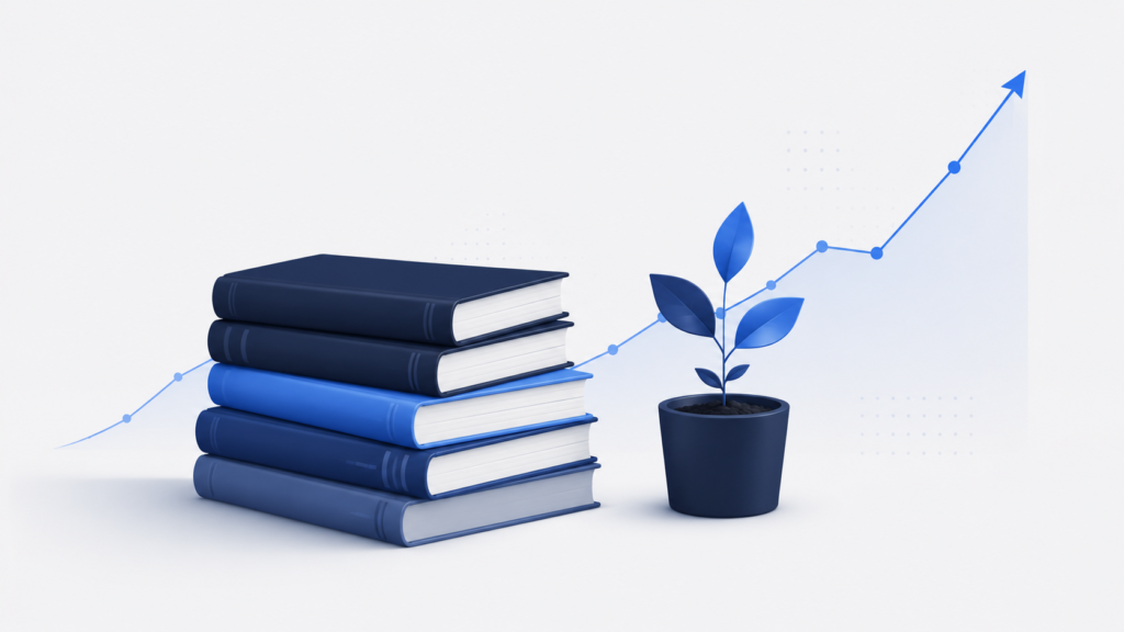 Pila de libros de inversión indexada junto a una planta creciendo y un gráfico ascendente, ilustración editorial en tonos azules de PlanInversor.