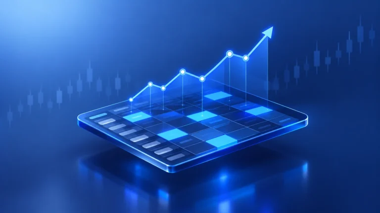 Hoja de calculo flotante con un grafico de lineas ascendente sobre fondo azul, ilustrando el calculo de la rentabilidad real de una cartera