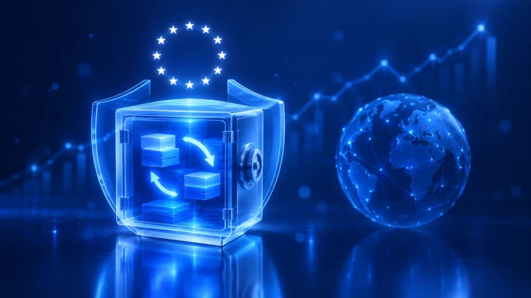 Caja fuerte de cristal bajo las doce estrellas de la Unión Europea, con fondos dentro, y un globo terráqueo que se queda fuera