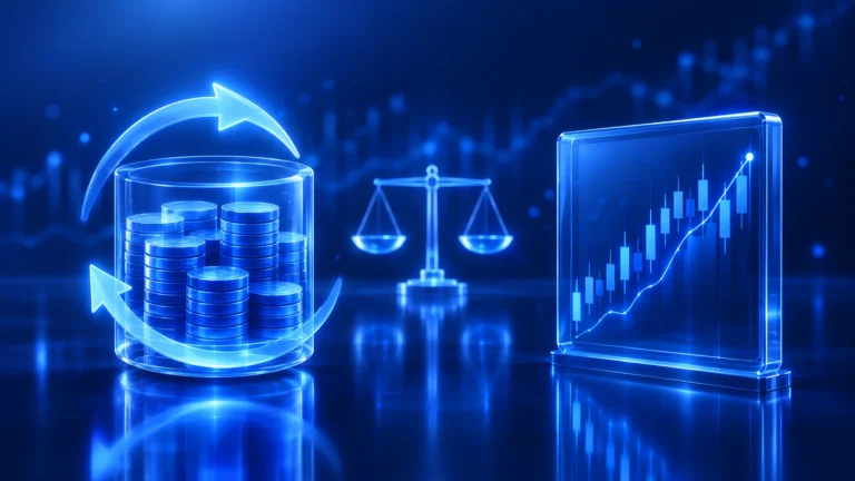 Ilustración 3D en azul que compara un fondo indexado y un ETF
